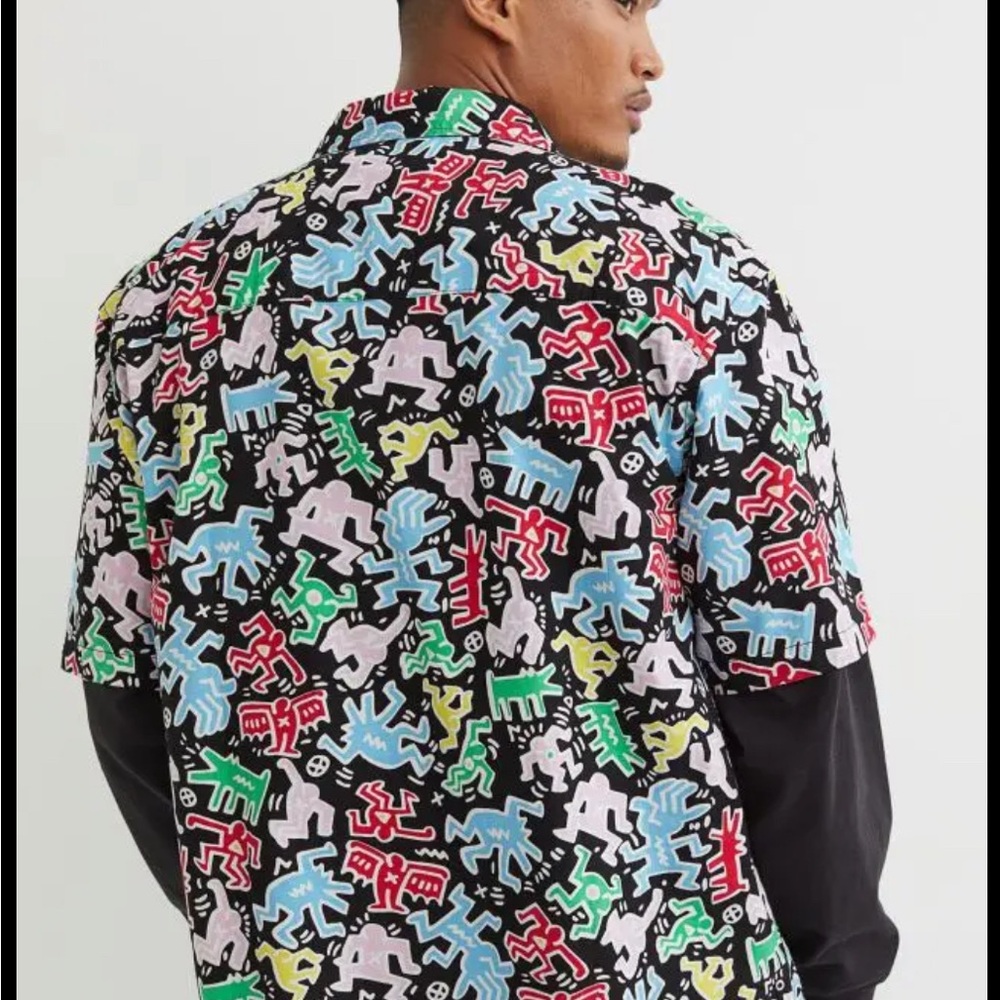 H&M Men's Keith Haring Colorful Graphic Button Down Shirt